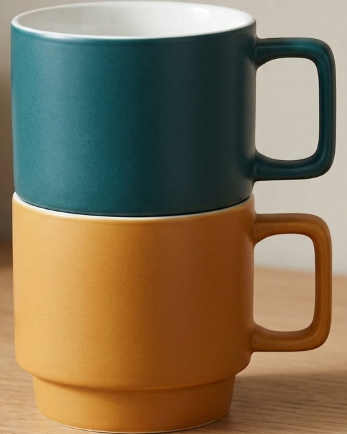 Dpfkl Two Pack Ten Ounce Stackable Ceramic Mugs Ochre and Teal - Lifestyle view